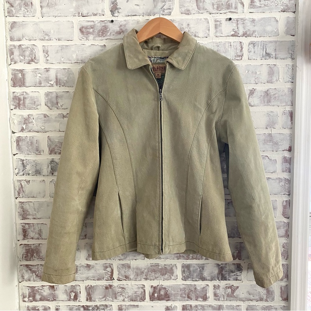 Wilson’s Leather • Sage Green Suede Leather Collard Jacket • Zip Up Moto Jacket